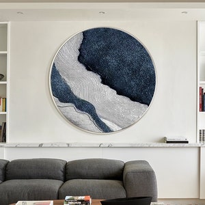 Round Paintings,Navy Blue 3D Textured Art,Modern Abstract Framed Wall Art Dark Blue Sea Wave Painting Large Circle Wall Decor