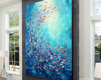 Hand-Painted School of Fish Painting, Textured Coastal Blue Abstract Canvas Art, Large Wall Decor for Living Room, Bedroom, or Beach House