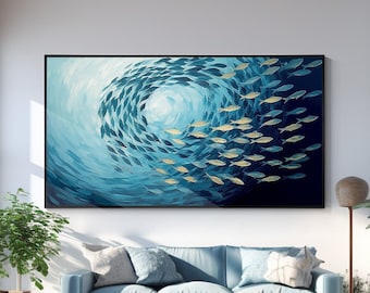 Blue Gold Fish Painting, Abstract Texture Wall Art, Framed Canvas Artwork, Oversized Coastal Marine Home Decor