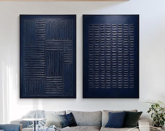 Dunkelblaue Abstrakte Wandkunst Set aus 2, Handgemalte 3D Struktur Leinwandbilder in Marineblau