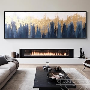 Gold Leaf Painting Dark Blue Abstract Painting Navy Blue Abstract Gold Mountains Art Original Textured Long Narrow Art Large Wall Decor