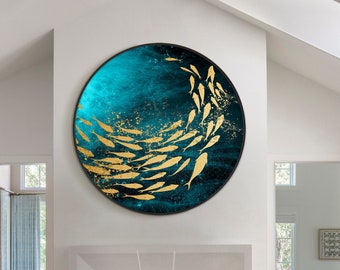 Gold Fish Round Painting Underwater Hand-Painted Abstract Art School of Fish Teal Blue Ocean Framed Wall Art Oversized Wall Art Circle Art