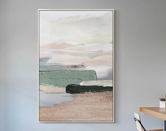 Beige Painting Sage Green Abstract Art Brown Heavy Texture Acrylic Painting Landscape Sunset Wall Art Large Wall Decor Contemporary Art