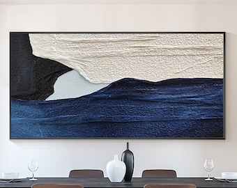 Navy Blue White Horizontal Original Abstract Painting 3D Heavy Textured Painting Framed Wall Art Oversized Art Living Room Wall Art Decor