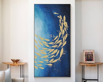 Oversized Gold Fish Wall Art, Abstract Teal Blue Ocean Painting, Hand Painted School of Fish Canvas, Large Luxury Coastal Wall Decor