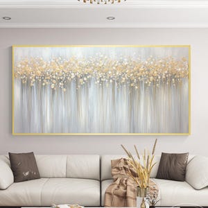 Hand-Painted Gold and White Flowers, Large 3D Textured Canvas Wall Art, Elegant Original Artwork for Luxury Home Design