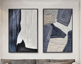 Set of 2 Gray Blue Beige Textured Art,Mid Century Abstract Painting,Long Rectangular Large Wall Decor,Minimalist Framed Vertical Wall Art