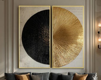 Gold and Black Abstract Canvas Set, Modern Radial Texture Wall Art, Minimalist Luxury Painting for Living Room Decor