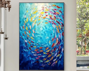 Vibrant Fish Swarm Abstract Painting, Ocean-Inspired Canvas Wall Art, Hand-Painted Marine Decor for Contemporary Interiors