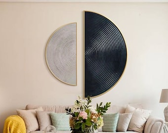 Set of 2 Circle Painting Gray Beige Textured Art Dark Navy Blue Half Round Painting 2 Pieces Framed Wall Art Abstract Original Painting