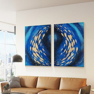 School of Fish Set of 2 Blue Gold Foil Fish Original Painting Teal Blue Painting 2 Pieces Gold Fish Art Large Size Wall Art Decor