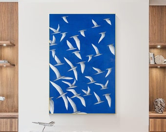 Klein Blue Abstract Bird Flock Painting On Canvas, Textured Wall Art Blue Modern Art Abstract Wall Art Extra Large Livingroom Wall Decor Art