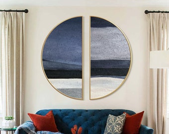Set of 2 Navy Blue Abstract Art Textured Painting Half Round Wall Decor Ocean Beach Original Oil Painting 2 Pieces Circle Framed Wall Art