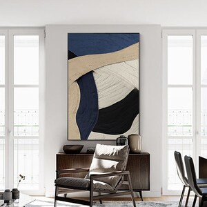 Dark Blue Abstract Art Navy Blue Beige Minimalist Art 3D Textured Art ...