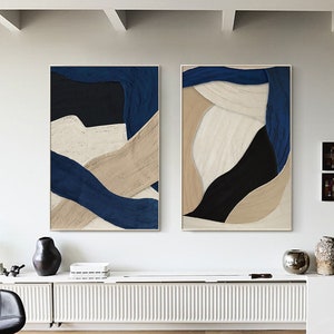 Dark Blue Beige Abstract Plaster Art, Set of 2 Navy Blue Abstract Vertical Painting,3D Textured Organic Shape Art,Minimalist Blue Art Decor