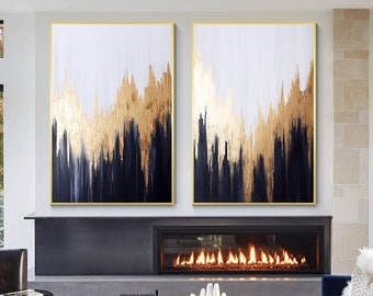 Navy Blue Gold Abstract Painting Set: Textured Luxury Wall Art