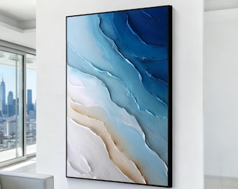 Blaues Ozean Abstraktes Gemälde, Wellen Struktur Wandkunst, Moderne Meeres Leinwand Groß Dekor