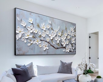3D Textured White Floral Canvas Art, Large Abstract Flower Painting, Hand Painted Blue Botanical Wall Decor, Modern Artwork for Living Room