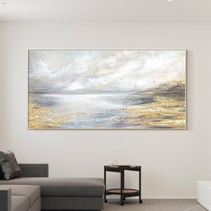 Calm Lake Painting Gold Landscape Painting Gray Beige Abstract Painting Gold Leaf Original Oil Painting Thick Textured Framed wall art