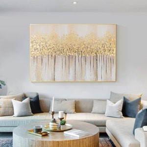 Gold Leaf Beige Textured Abstract Gold Wall Art Gold Foil Painting On Canvas Horizontal Gold Wall Art Decor Extra Large Size Home Wall Art