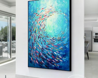 Textured School of Fish Painting, Blue Turquoise Abstract Ocean Canvas, Hand-Painted Spiral Marine Wall Art for Living Room Decor