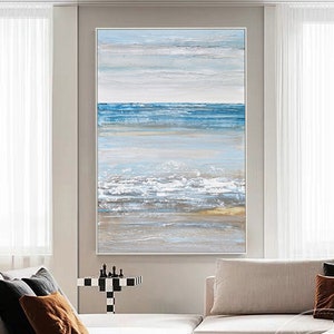 Seascape Beach Abstract Painting Blue Ocean Sky Hand Painted Acrylic large canvas Painting Coastal Framed wall art aesthetic room decor