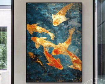 Quadro Carpe Koi Blu Oro Arte Murale, Decorazione Zen Giapponese, Tela Grande