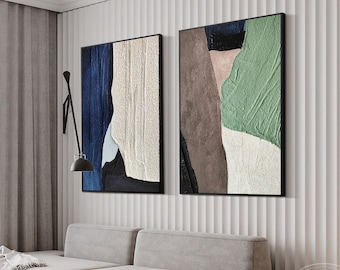 Dark Blue Green Abstract Plaster Thick Textured Painting, Set of 2 Blue Green Brown Organic Shape Geometric Art Extra Large Size Wall Decor