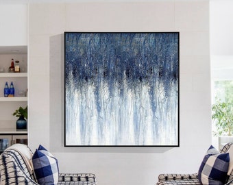 Dark Blue Abstract Painting, Textured Square Wall Art, Hand Painted Acrylic Canvas, Modern Minimalist Oversized Wall Decor, Custom Size