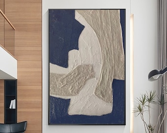 Marineblaue abstrakte 3D-Malerei, strukturierte geometrische Leinwand, moderne minimalistische Wandkunst für Wohn- oder Schlafzimmerdekor