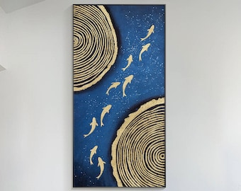 Gold Fish Painting, Navy Blue Abstract Textured Art, Framed Canvas, Original Acrylic Wall Art, Gold Circle Ocean Decor for Living Room