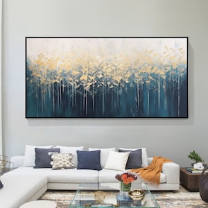 Navy Blue Gold Leaf Painting Abstract Blooming Flowers Art Shiny Original Painting Textured Wall Art Extra large Living Room Blue Wall Decor