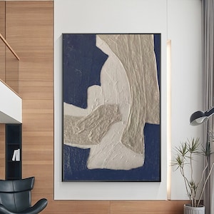 Navy Blue Abstract Painting: 3D Textured Geometric Wall Art