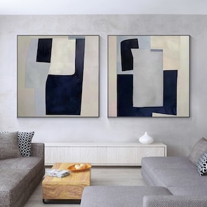 Set of 2 Gray Navy Blue Abstract Painting Texture Original Painting 2 Pieces Texture Art Home Extra Large Minimalist Abstract Wall Art