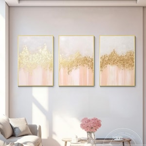 Set of 3 Gold and Light Pink Abstract Paintings, Minimalist Luxury Canvas Wall Art, Hand-Painted Multi Panel Decor for Living Room