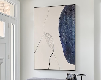Marineblau-Schwarze Linie Abstrakte Malerei, Minimalistische Marineblaue Wandkunst, strukturierte handgemalte Malerei, Übergroße extra große blaue Wandkunst