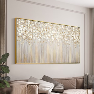 Pintura de flores blancas y doradas, arte de pared texturizado 3D con hojas doradas, pintura original de flores sobre lienzo, arte de pared enmarcado, decoración de pared grande para sala de estar