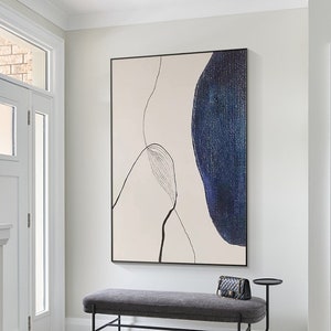 Navy Blue Black Line Abstract Painting, Minimalist Navy Blue Wall Art, Textured Hand-painted Painting, Oversize Extra Large Blue Wall Art