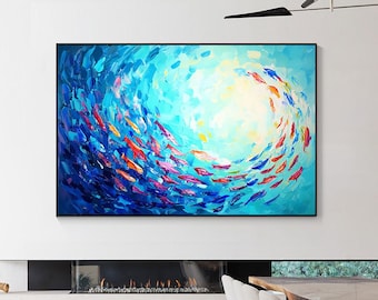 School of Fish Abstract Canvas – Ocean Swirl Painting in Blue and Colorful Tones – Handmade Acrylic Sea Art for Modern Living Room