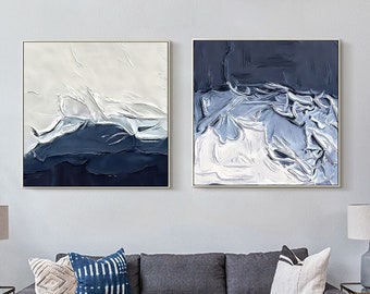 Abstract Ocean 3D Textured Art Navy Blue White Painting Set of 2 Pieces Square Sea Waves Plaster Art Coastal Dark Blue Framed Wall Art Decor