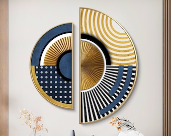 Round Canvas Print,Sun Print,2 piece wall art,Set of 2 Geometric Exotic Style Painting Asymmetric Print Framed Wall Art navy blue Gold decor