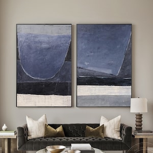 Set of 2 Navy Blue Gray Painting Beige Abstract Art Texture Original Painting 2 Piece Minimalist Framed Art Large Living room wall decor