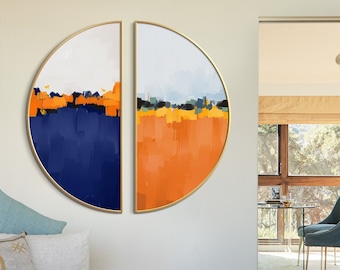 Orange and Navy Round Wall Art,Orange Set of 2 Round Minimalist Abstract Painting,Original 2 pieces Framed Wall Decor,Mid-century Wall art
