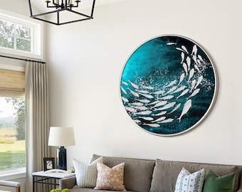 School of Fish Round Painting Underwater Silver Fish Original Painting Textured Modern Abstract Art Teal Blue Ocean Framed Wall Art