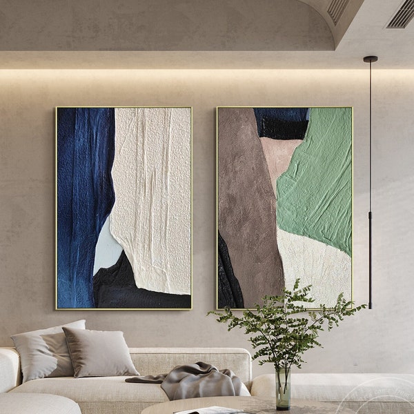 Earth Tone Art Set of 2 Abstract Painting 3D Textured Art Blue Green Brown Abstract Art Boho Art Large Original Painting 2 Pieces Wall Decor