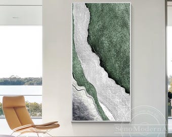 Sage Green Abstract Ocean Painting, Textured Coastal Canvas Art, Hand-Painted Large Modern Wall Decor for Living Room or Bedroom