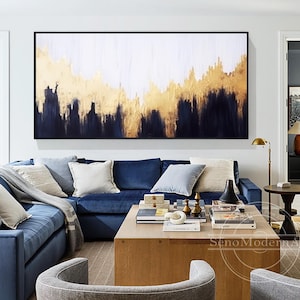 Gold Leaf Dark Blue Abstract Wall Art Shiny Original Painting Canvas Textured Wall Art Extra large Living Room Gold Luxury Wall Decor