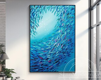 Blue Teal Fish Painting, Abstract Coastal Wall Art, Textured School of Fish Canvas, Hand-Painted Marine Decor for Living Room or Bedroom