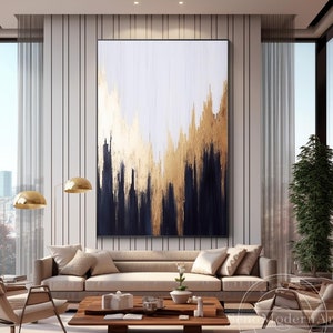 Dark Blue Gold Leaf Texture Abstract Art Gold Wall Art Original Painting Canvas Large Size Wall Decor Contemporary Vertical Luxury Art
