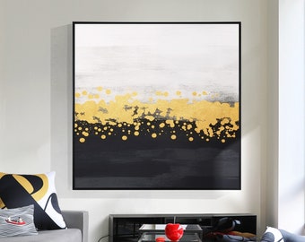 Gold & Black Abstract Painting, Square Textured Canvas, Hand-Painted Modern Wall Art for Living Room, Bedroom, or Office Decor